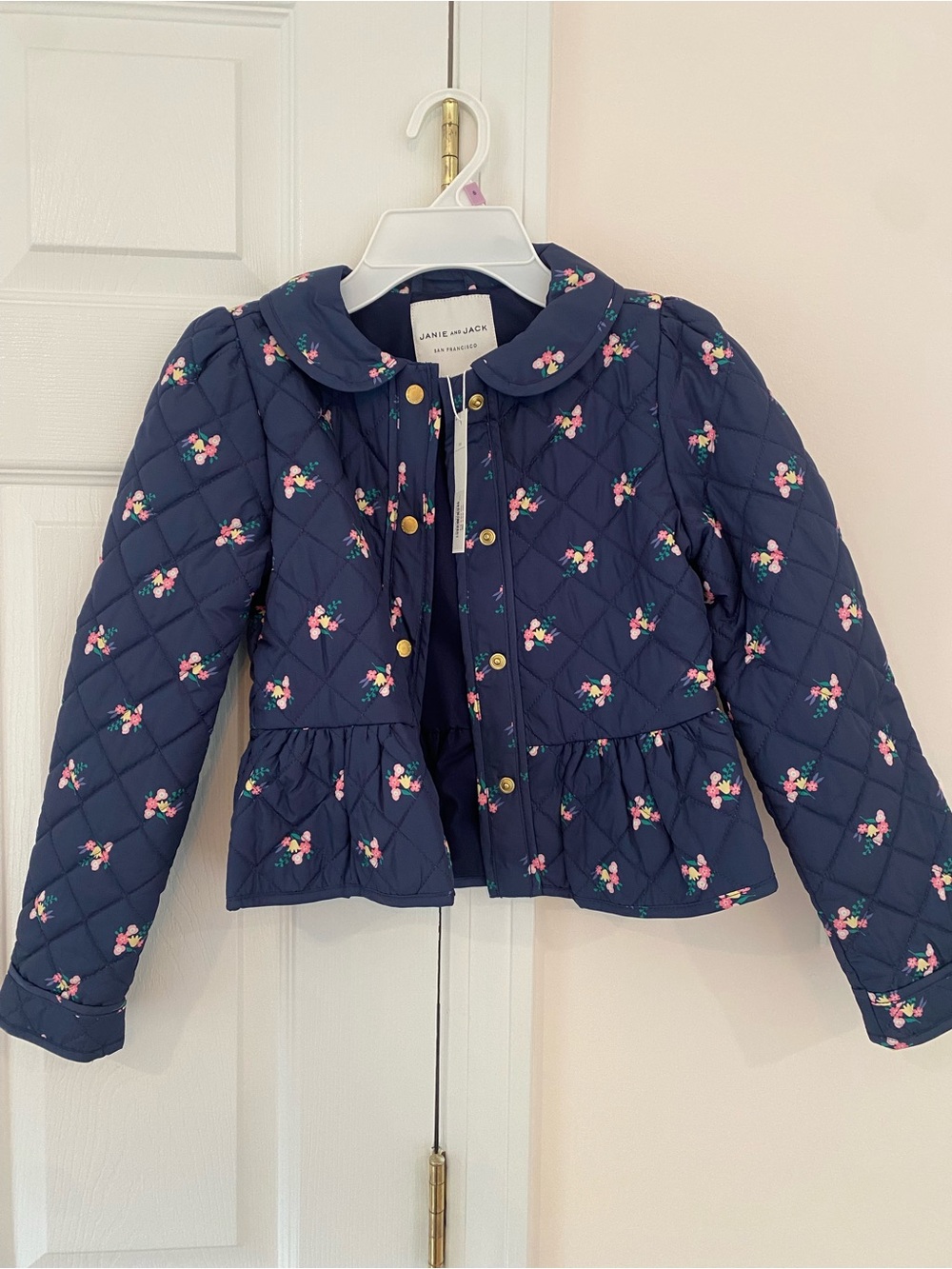 Janie and Jack Navy Quilted Jacket with Pink Floral Print